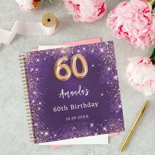 Guest book 60th Birthday purple rose gold glitter