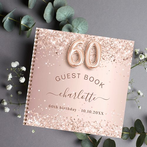 Guest book 60th birthday rose gold glitter blush
