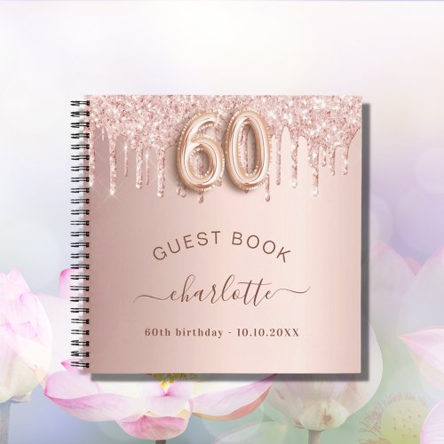 Guest book 60th birthday rose gold glitter drips