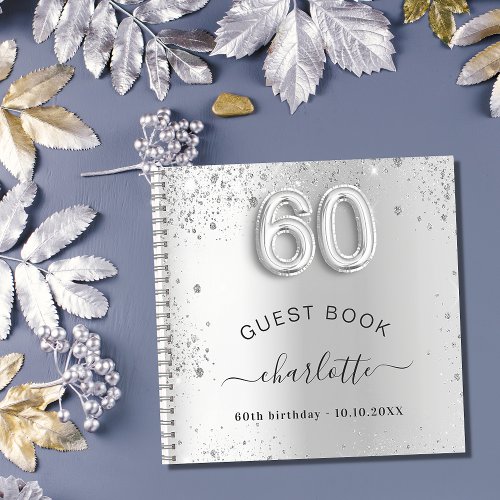 Guest book 60th birthday silver glitter name glam
