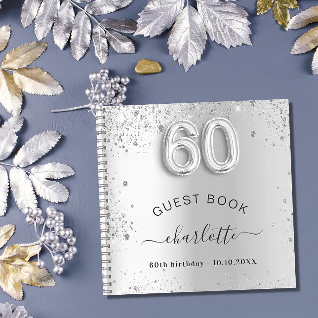 Guest book 60th birthday silver glitter name glam Zazzle