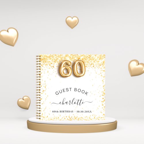 Guest book 60th birthday white gold glitter