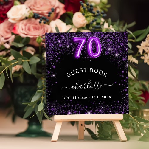 Guest book 70th birthday black purple glitter name