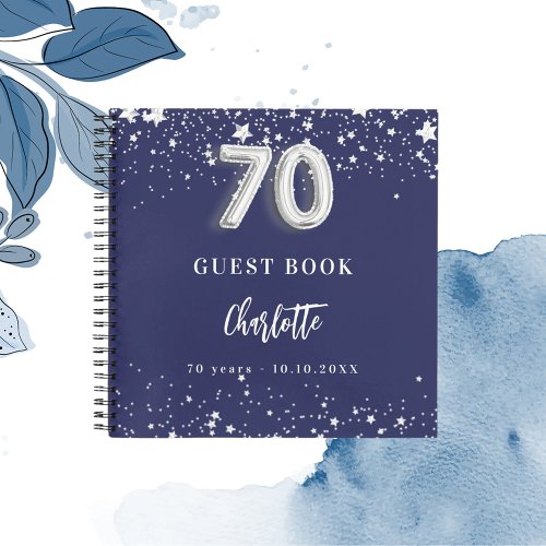 Guest book 70th birthday navy blue silver stars
