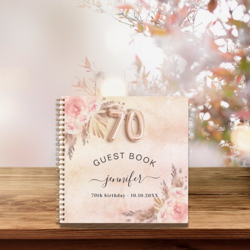 Guest book 70th birthday pampas grass rose gold