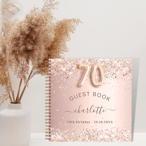 Guest book 70th birthday rose gold glitter blush
