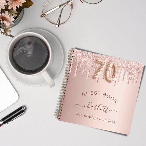 Guest book 70th birthday rose gold glitter drips