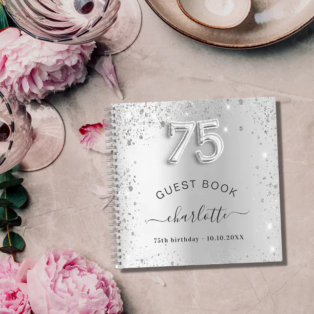 Guest book 75th birthday silver glitter name | Zazzle