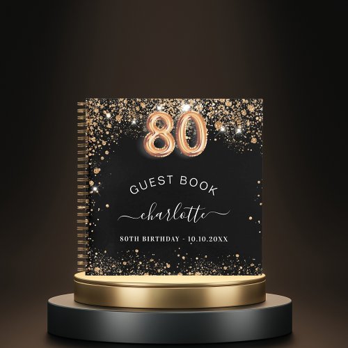 Guest book 80th birthday black gold glitter name