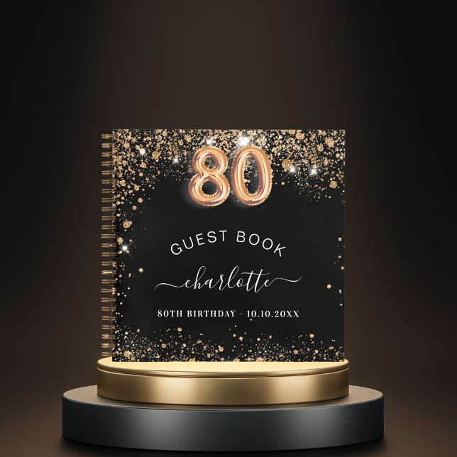 Guest book 80th birthday black gold glitter name (Creator Uploaded)
