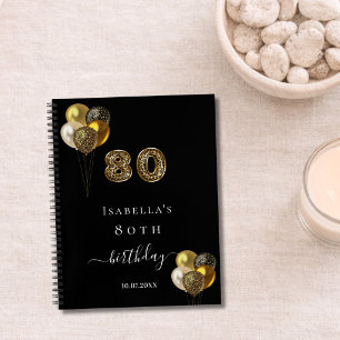 Guest book 80th birthday black gold leopard print