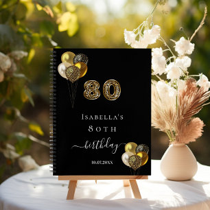 Guest book 80th birthday black gold leopard print