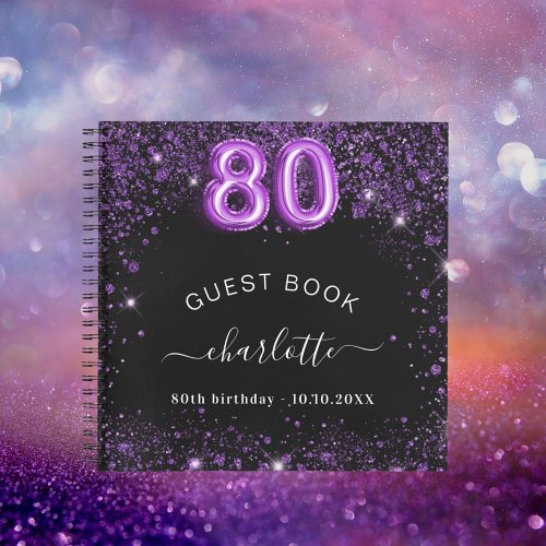 Guest book 80th birthday black purple glitter name