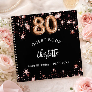 Guest book 80th birthday black rose gold stars