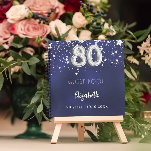 Guest book 80th birthday navy blue silver stars