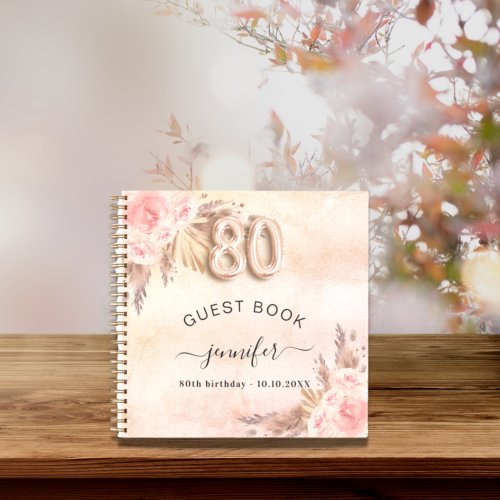 Guest book 80th birthday pampas grass rose gold