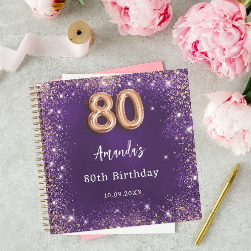 Guest book 80th Birthday purple rose gold glitter