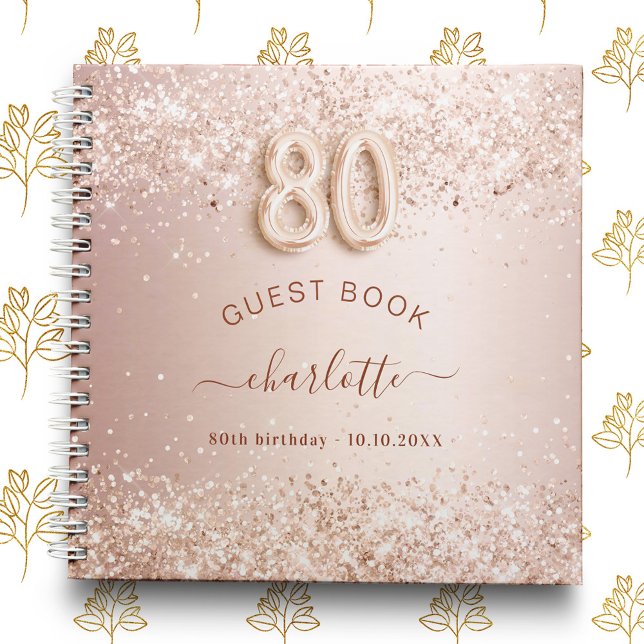 Guest book 80th birthday rose gold glitter blush (Creator Uploaded)