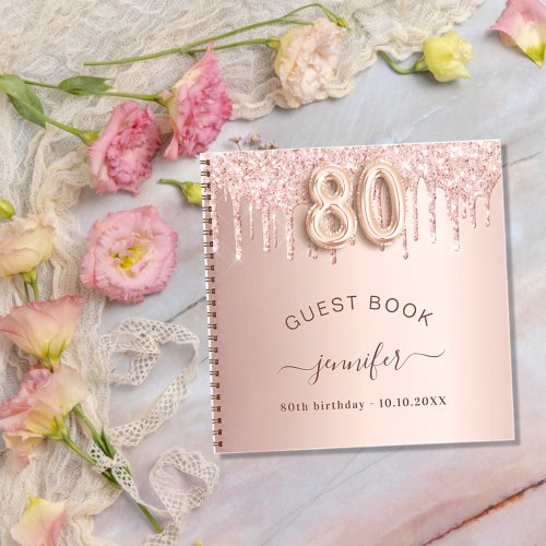 Guest book 80th birthday rose gold glitter drips