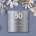 Guest book 80th birthday silver glitter name glam<br><div class="desc">A guestbook for a feminine and glamorous birthday party.  A stylish dark faux silver looking background with faux glitter,  sparkles. Add your name,  and text.  Age number is written with a balloon style font.</div>