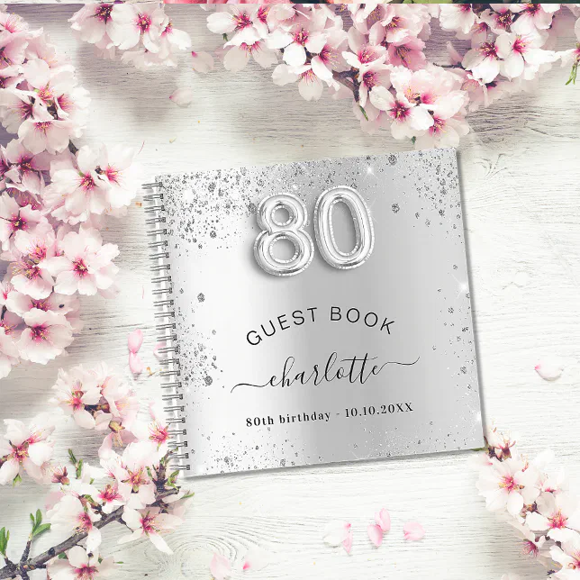 Guest book 80th birthday silver glitter name glam Zazzle
