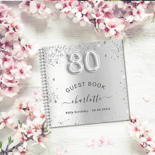 Guest book 80th birthday silver glitter name glam