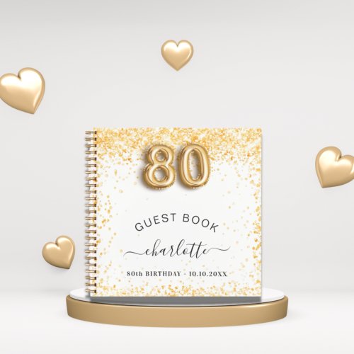 Guest book 80th birthday white gold glitter
