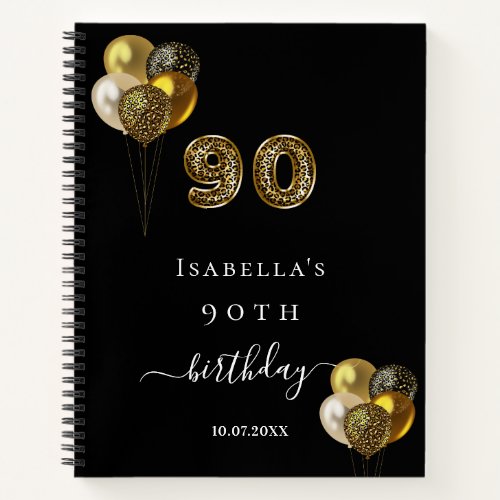 Guest book 90th birthday black gold leopard animal