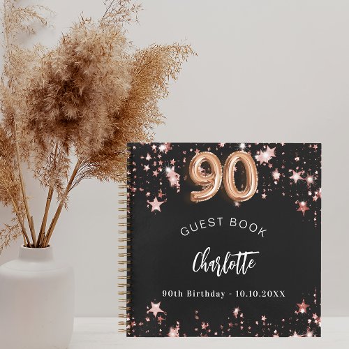 Guest book 90th birthday black rose gold stars
