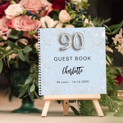 Guest book 90th birthday light blue silver