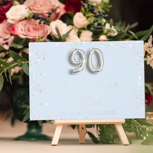 Guest book 90th birthday light blue silver