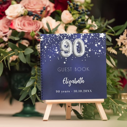 Guest book 90th birthday navy blue silver stars