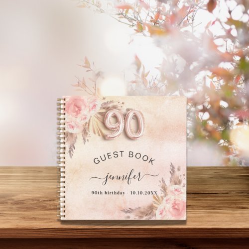 Guest book 90th birthday pampas grass rose gold