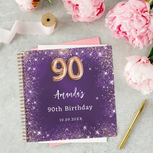 Guest book 90th Birthday purple rose gold glitter