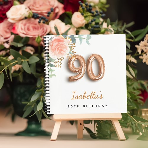 Guest book 90th birthday rose gold eucalyptus