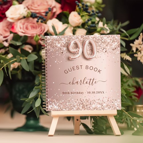 Guest book 90th birthday rose gold glitter blush