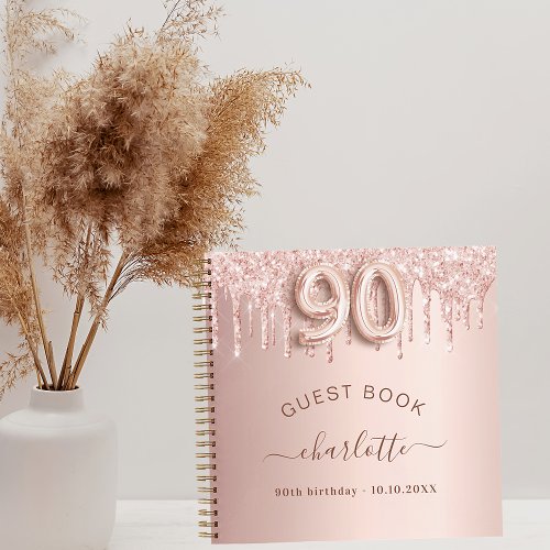 Guest book 90th birthday rose gold glitter drips