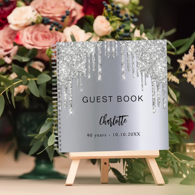 Guest book 90th birthday silver glitter drips (Creator Uploaded)