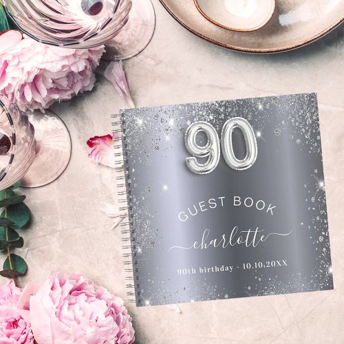 Guest book 90th birthday silver glitter name glam