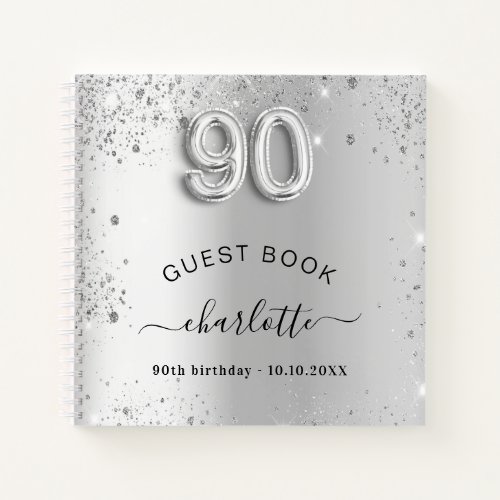 Guest book 90th birthday silver glitter name glam