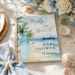 Guest book baby shower baby on board surfboard