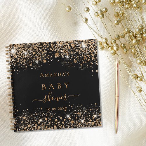 Guest book baby shower black gold glitter name