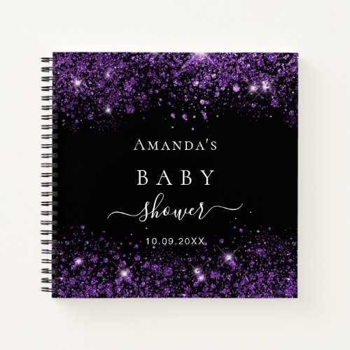 Guest book baby shower black purple glitter name