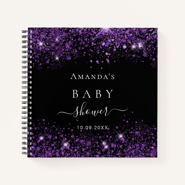 Guest book baby shower black purple glitter name (Front)