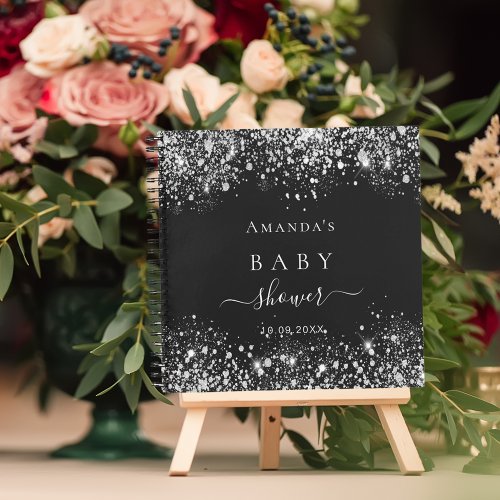Guest book baby shower black silver glitter name