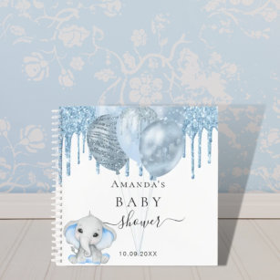 Guest book baby shower blue glitter elephant boy