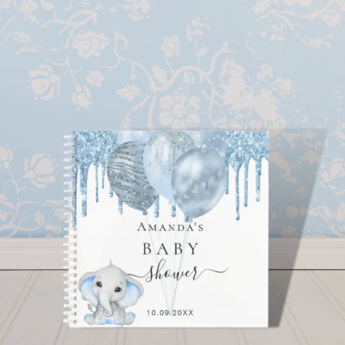 Guest book baby shower blue glitter elephant boy