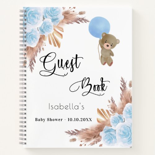 Guest book Baby Shower blue teddy pampas grass