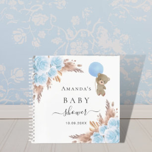 Guest book Baby Shower blue teddy pampas grass