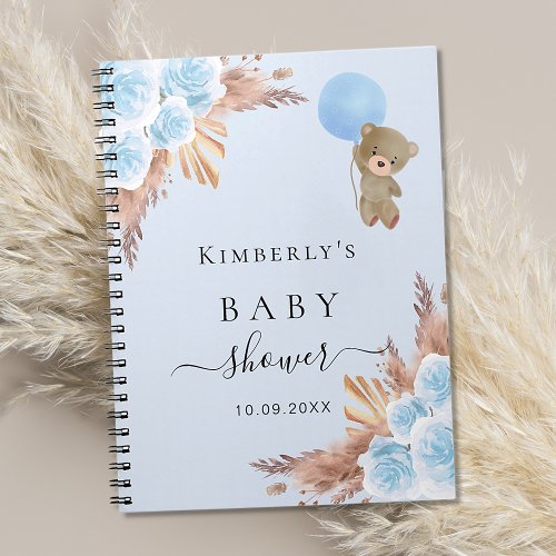 Guest book Baby Shower blue teddy pampas grass